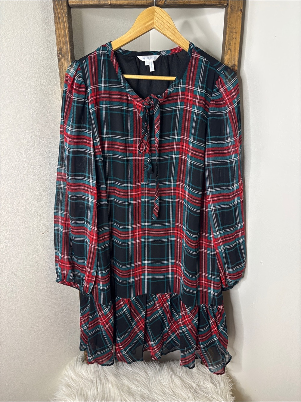 Draper James Red & Green Plaid Tie-Neck Dress Size L